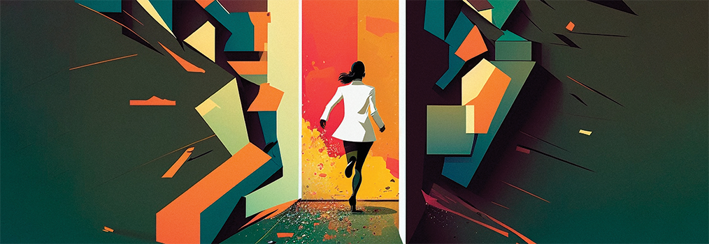 An artistic digital illustration depicting a silhouette of a woman in a white jacket running through a brightly illuminated doorway filled with warm orange and yellow light. The doorway appears to be breaking through a dark teal wall that's shattering into geometric shapes of teal, orange, and cream. The fragments seem to explode outward against the dark background, symbolizing breakthrough or transformation. The contrast between the dark exterior and the bright pathway creates a powerful visual metaphor for opportunity or new beginnings.